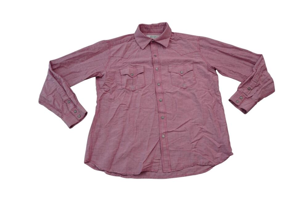 Ryan Michael Shirt Mens Large Pink Check Western Snap Silk Linen Long Sleeve